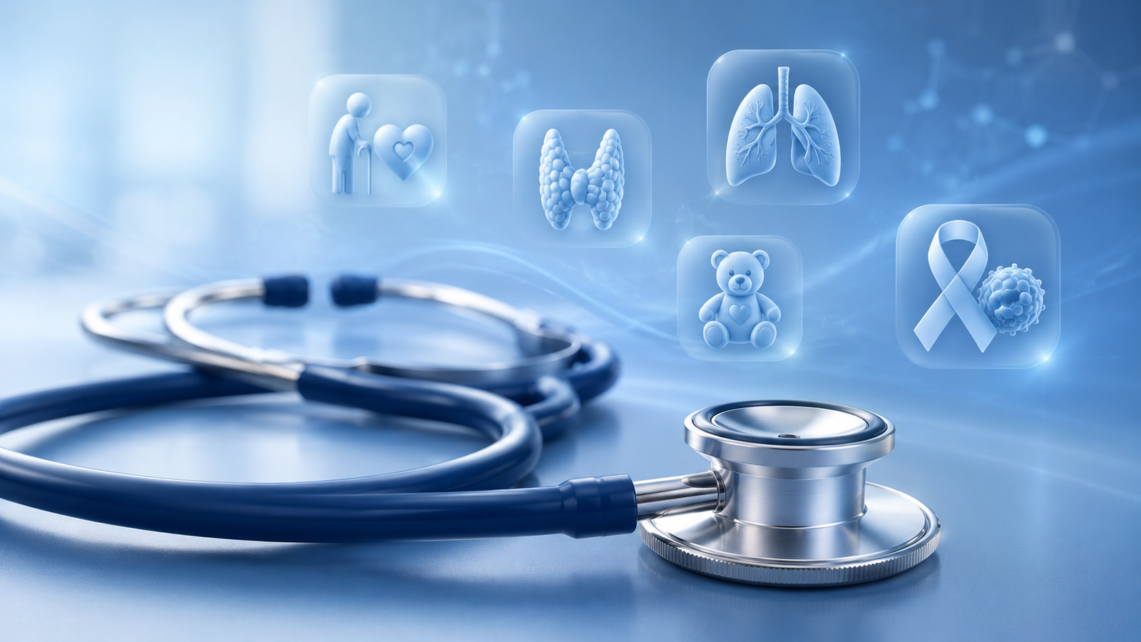 Estetoscópio e símbolos das especialidades médicas